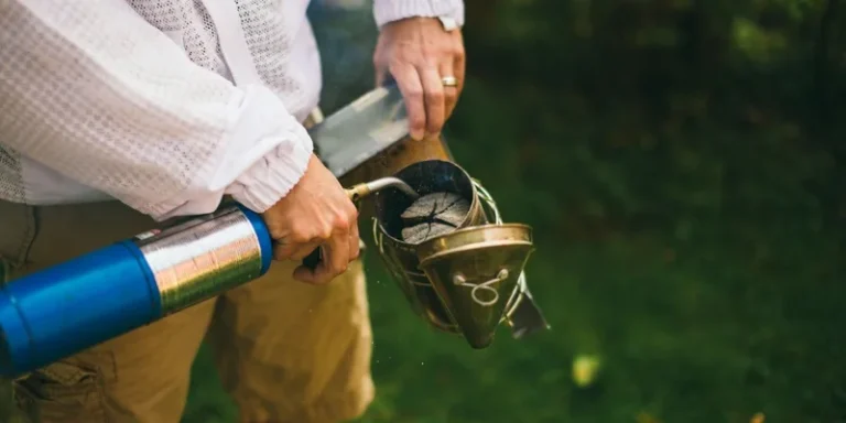 Close-up of a beekeeper operating a smoker outdoors