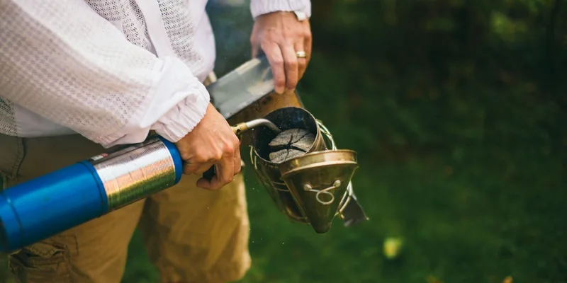 Close-up of a beekeeper operating a smoker outdoors