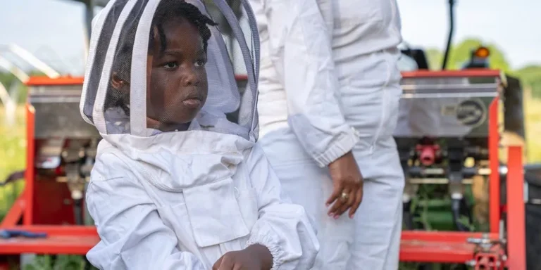 A young child in protective beekeeping clothing stands outdoors during a sunny day