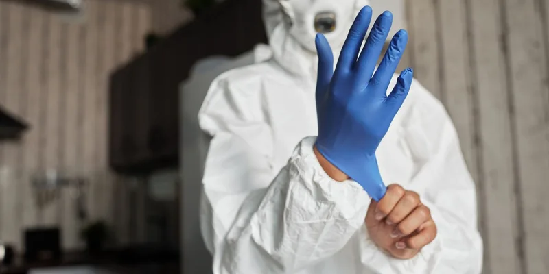 Person in protective suit wearing blue gloves indoors for safety