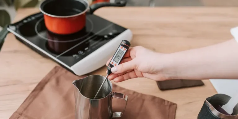 A person measures the temperature of melted wax on an electric stove