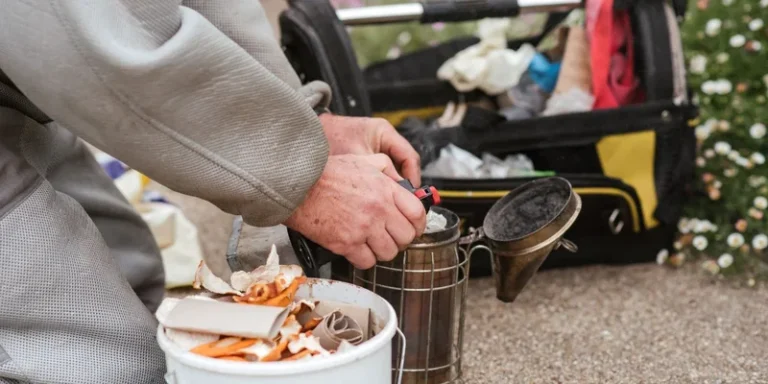 A beekeeper prepares a bee smoker outdoors, surrounded by equipment and nature