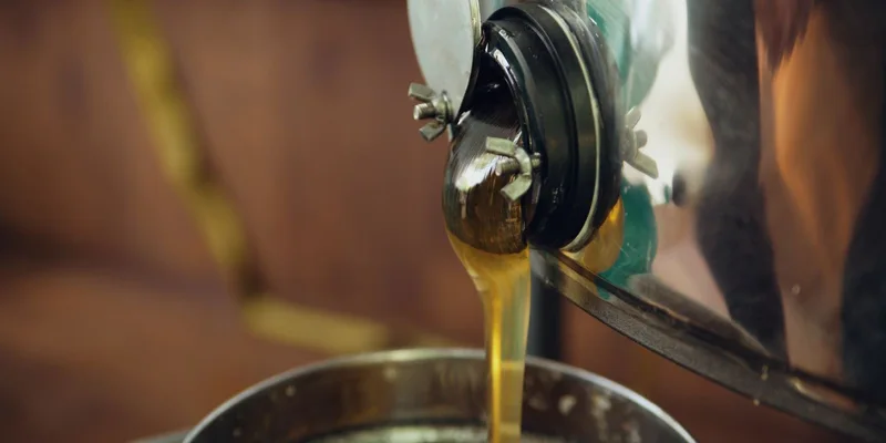 Close-up of honey pouring from an extractor spout into a strainer