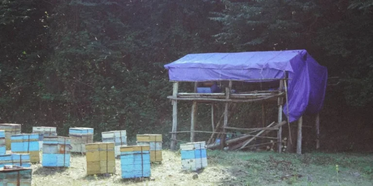 Beehives in a rural garden setting within a lush forest area of Zaqatala, Azerbaijan